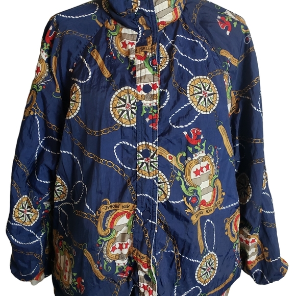 Vintage Reversible Jacket One Size 1X ? Nautical Print Nylon Fleece Coat Pockets - Picture 3 of 12